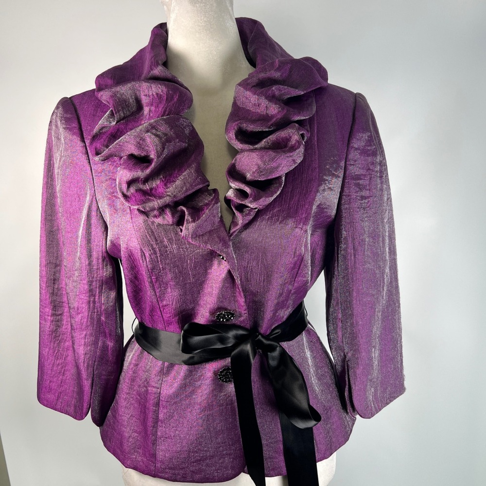 Adrianna Papell Evening Essentials Purple Iridescent Ruffle Collar Jacket 6P